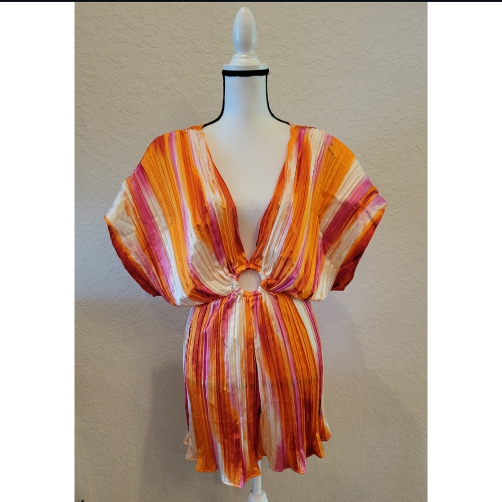 Fashion Nova Orange Pink Striped Plunge Romper
